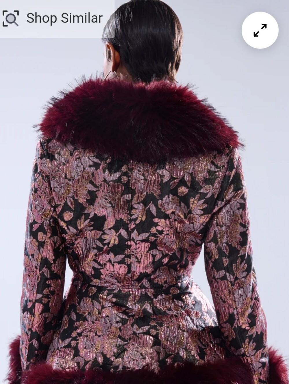 NWT AKIRA Burgundy+Pink Floral Jacquard Coat with Faux Fur Trim - Picture 4 of 9